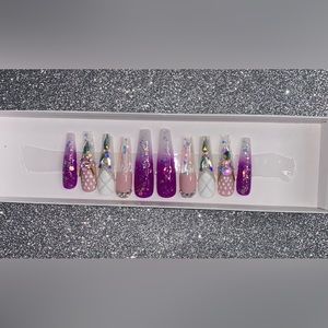 Acrylic Press On Nails|XL Purple/Pink Ombré Nails| Rhinestone Bling|